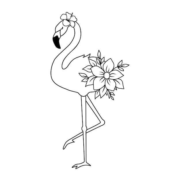 Ilustración vectorial de flamenco aislado sobre fondo blanco Silueta de línea de ave tropical de pie sobre una pierna Contorno floral flamenco con flores