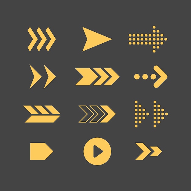 Ilustración vectorial flechas icono amarillo conjunto flecha vectorial Colección de diferentes iconas de flechas
