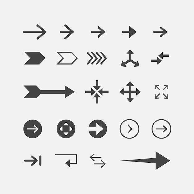 Ilustración vectorial flechas negras grandes icono plano conjunto flecha vectorial Colección de diferentes flechas