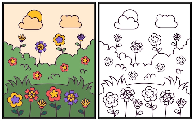 Ilustración vectorial de la flor en el parque para colorear