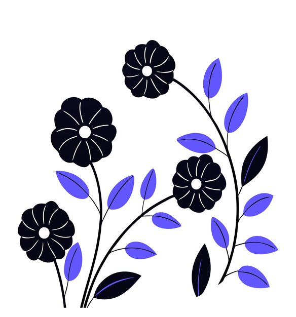 Ilustración vectorial floral elegante con flores negras y hojas púrpuras sobre fondo blanco