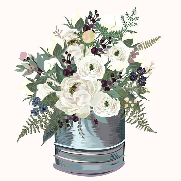 Ilustración vectorial floral con flores y plantas de peonía vintage en flor