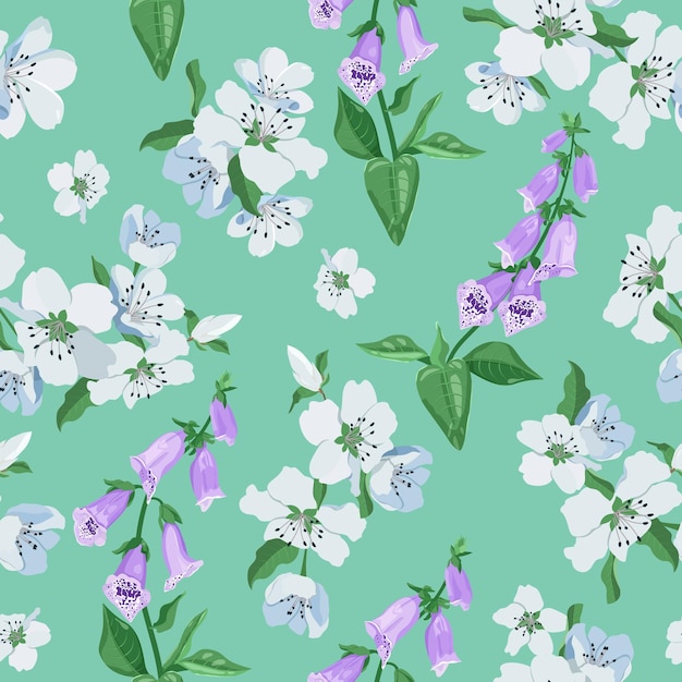 Ilustración vectorial floral Impresión sin costuras con digitalis y flores de cerezo