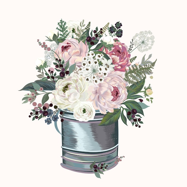 Ilustración vectorial floral con rosas y plantas de cosecha en flor