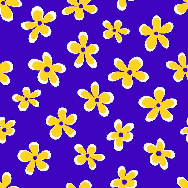 Ilustración vectorial de flores amarillas brillantes de estilo minimalista que forman un patrón sin costuras sobre fondo púrpura