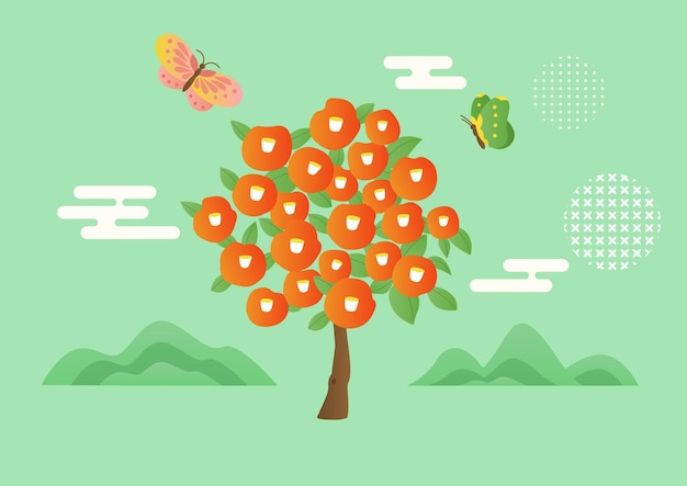 Ilustración vectorial de flores de camelia y mariposas
