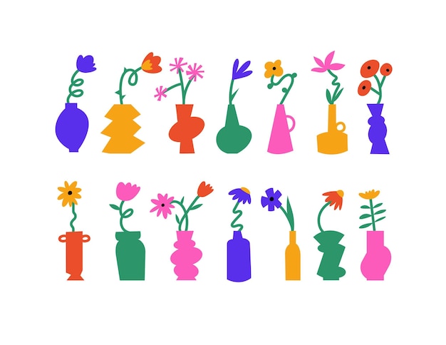 Vector ilustración vectorial flores coloridas con jarrones pegatinas naivestyle para impresión o redes sociales