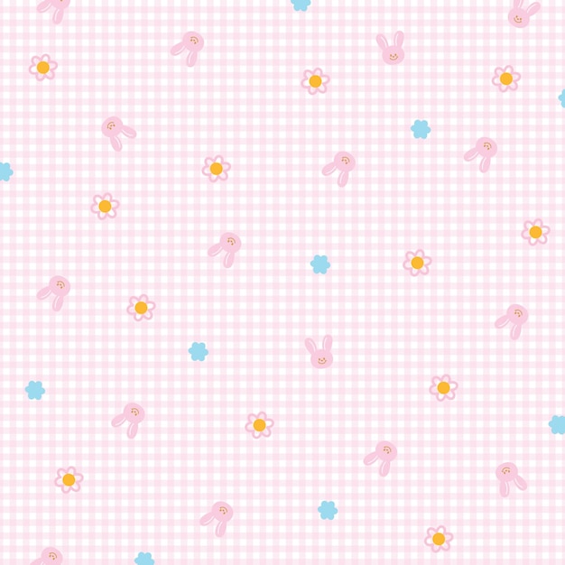 Ilustración vectorial de flores de conejo rosado en fondo a cuadros rosado pastel para fondo de papel tapiz
