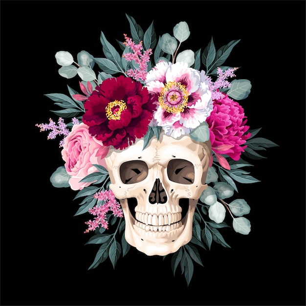 Vector ilustración vectorial con flores y cráneo humano muy detallados