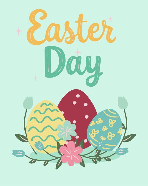Ilustración vectorial de flores decorativas de primavera y huevos de Pascua y letras tipográficas de Feliz Día de Pascua para su tarjeta de felicitación de banner de diseño
