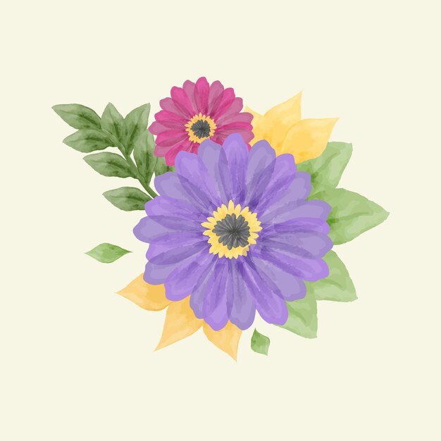 Ilustración vectorial de flores y hojas en acuarela