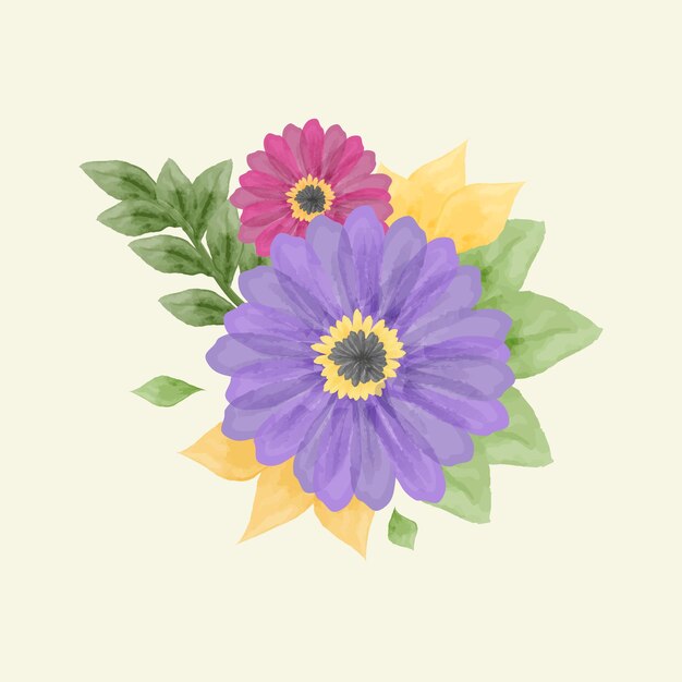 Vector ilustración vectorial de flores y hojas en acuarela