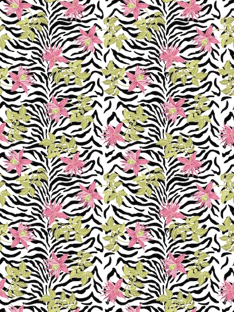 Ilustración vectorial de flores y hojas exóticas. Fondo de piel de cebra. Patrón exótico. Flujo de jardín