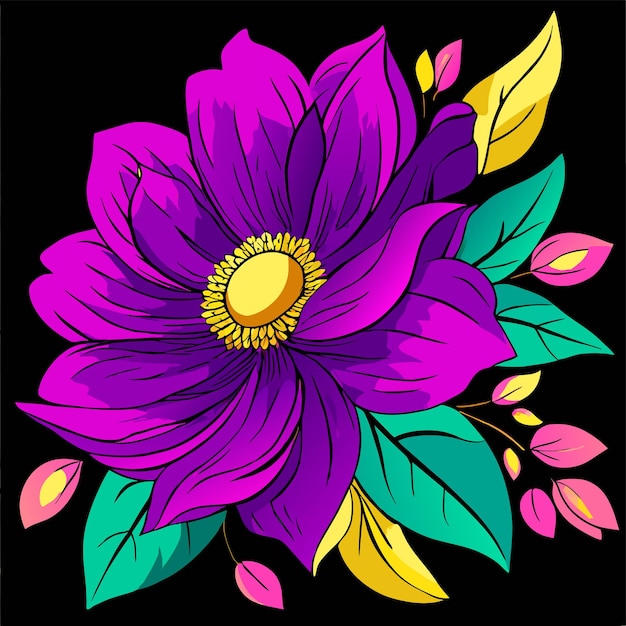 Ilustración vectorial de flores y hojas púrpuras