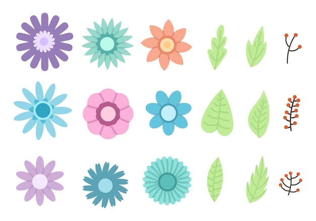 Ilustración vectorial de flores, hojas y ramas con bayas sobre un fondo blanco Moderno plano