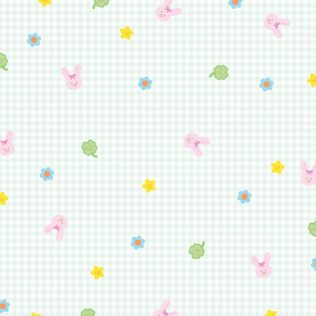 Ilustración vectorial de flores de hojas de trébol de conejo rosado en fondo a cuadros azul pastel para papel tapiz