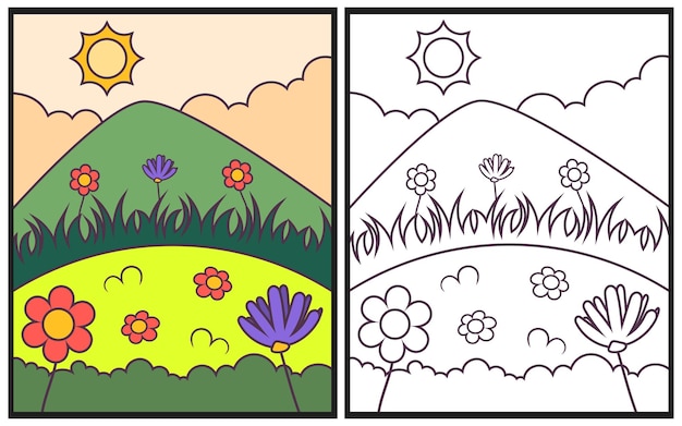 Ilustración vectorial de flores y montañas para colorear