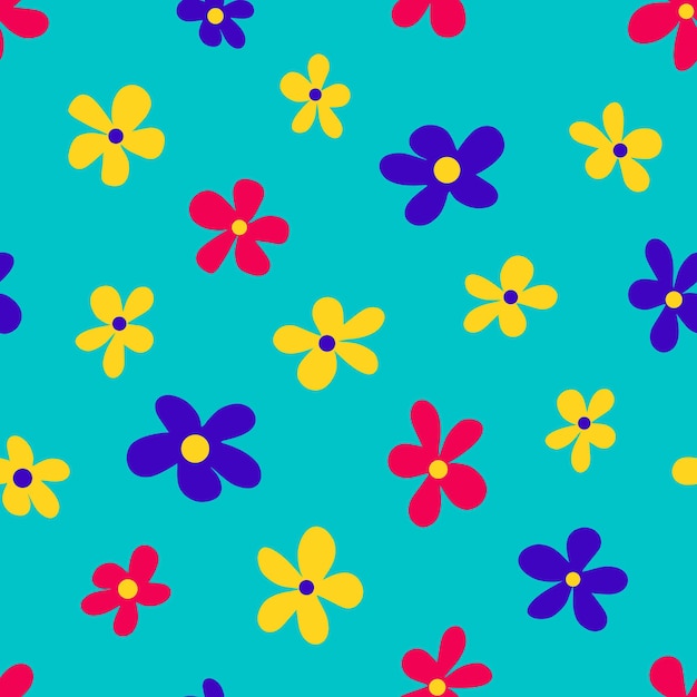 Ilustración vectorial de flores multicolores brillantes de estilo minimalista formando patrones sin fisuras sobre fondo azul