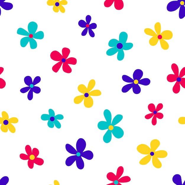 Ilustración vectorial de flores multicolores brillantes de estilo minimalista formando patrones sin fisuras sobre fondo blanco