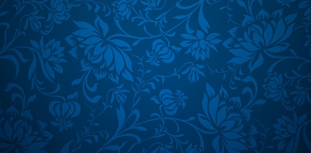 Ilustración vectorial flores de peonía deja adornos florales azules en un patrón oscuro para fondos