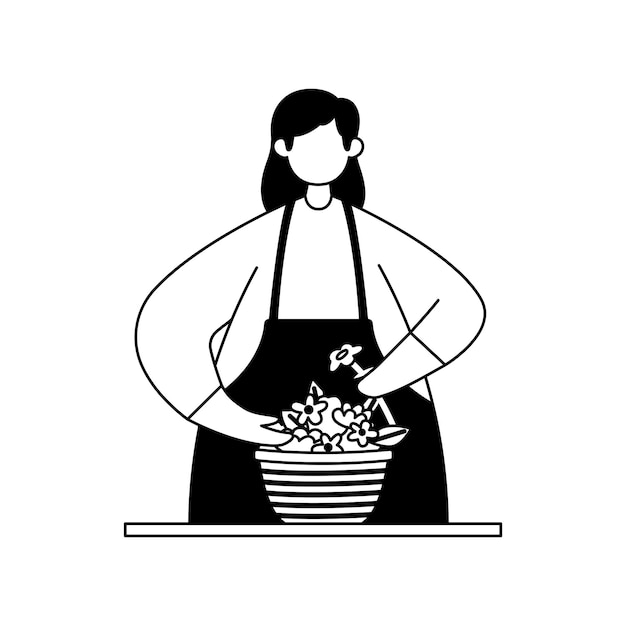 Ilustración vectorial de una floristería que compone un ramo Profesión Línea de arte