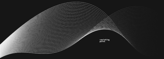 Ilustración vectorial de fondo abstracta sobre puntos negros en movimiento por líneas curvas partículas ondas de flujo aisladas ilustración monocromática en blanco y negro