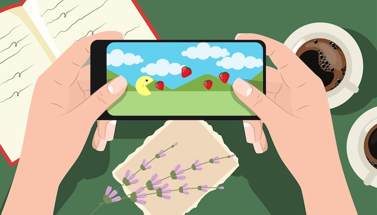 Vector ilustración vectorial de fondo lindo con emocionante juego de teléfono inteligente escena de vista superior de dibujos animados de manos sosteniendo un teléfono inteligente y jugando un juego tazas de café cuaderno con notas ramas de flores