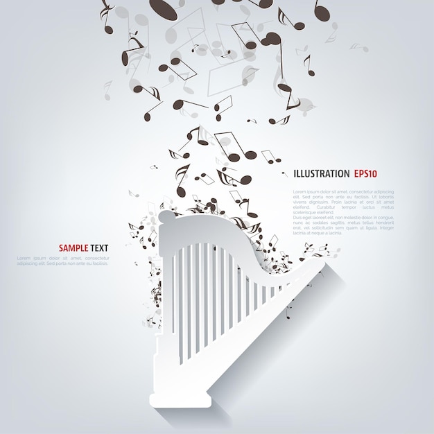 Ilustración vectorial de fondo musical con notas y arpa