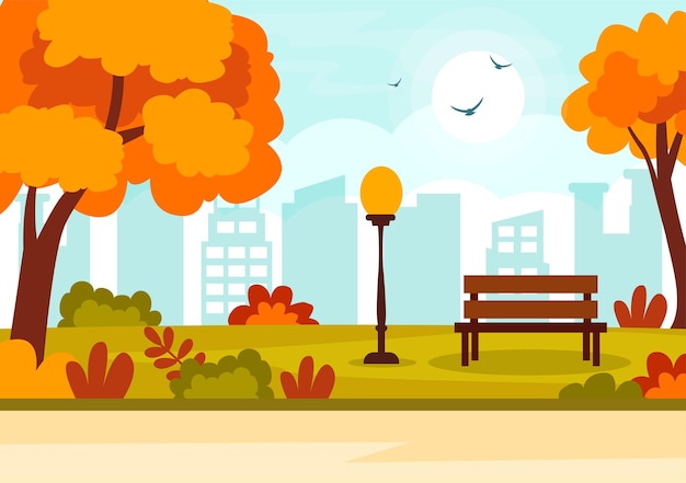 Ilustración vectorial de fondo de paisaje de otoño con plantillas de campos de montañas y hojas de otoño