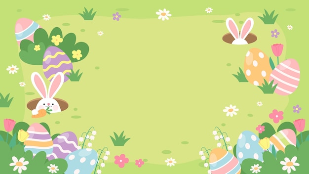 Ilustración vectorial de fondo de Pascua Huevos de Pascua en el campo de primavera y conejo escondido en el agujero del conejo