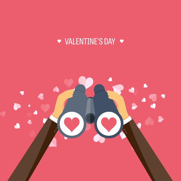Ilustración vectorial fondo plano con binoculares amor y corazones día de San Valentín sea mi San Valentín
