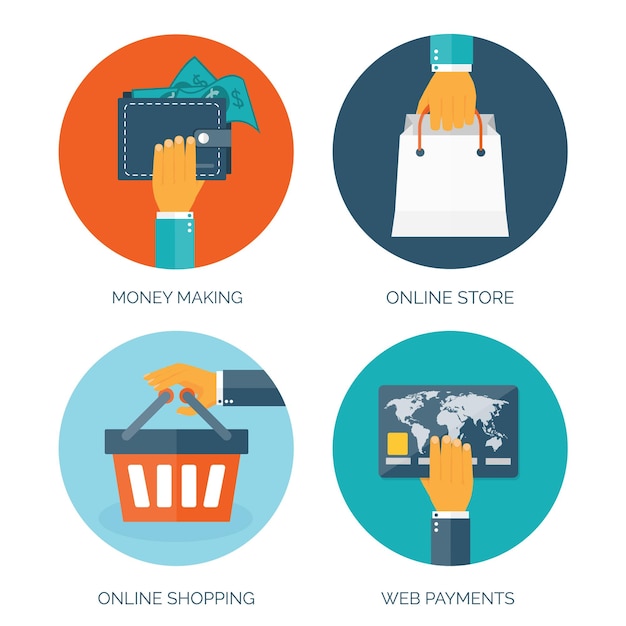 Ilustración vectorial de fondo plano con bolsa de compras tienda de Internet compras en línea