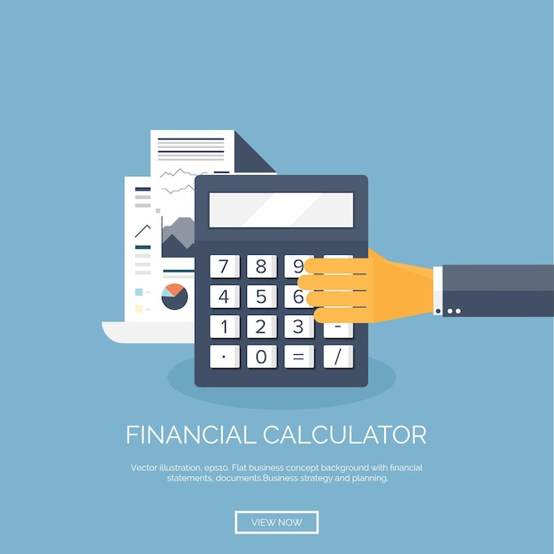 Ilustración vectorial de fondo plano con calculadora de mano negocios financieros