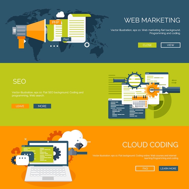 Ilustración vectorial de fondo plano codificación de programación seo aplicación de optimización de motores de búsqueda