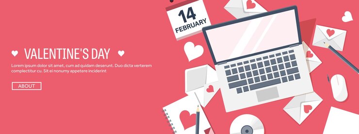 Vector ilustración vectorial fondo plano con computadora portátil amor y corazones día de san valentín sea mi