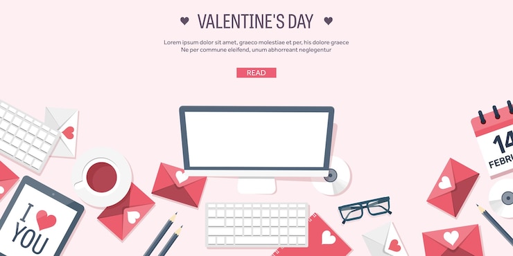 Vector ilustración vectorial fondo plano con computadora portátil amor y corazones día de san valentín sea mío
