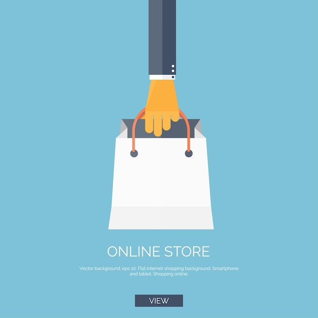 Ilustración vectorial de fondo plano con mano y bolsa de compras tienda de Internet compras en línea