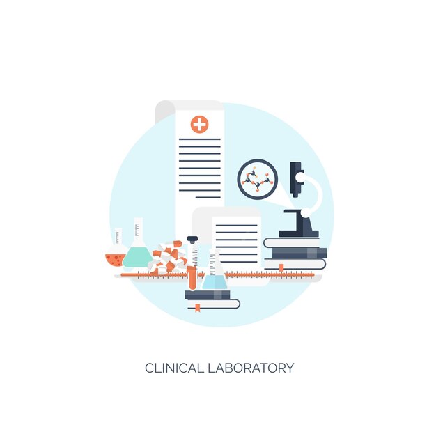 Ilustración vectorial Fondo plano médico y químico Experimento de investigación Primeros auxilios sanitarios