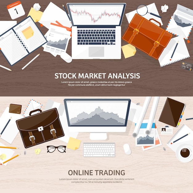 Ilustración vectorial de fondo plano mercado comercio plataforma de negociación cuenta negocio de generación de dinero