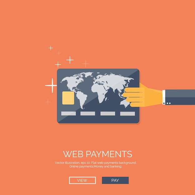 Ilustración vectorial de fondo plano con tarjeta bancaria en la mano banca en línea compras en Internet tienda web