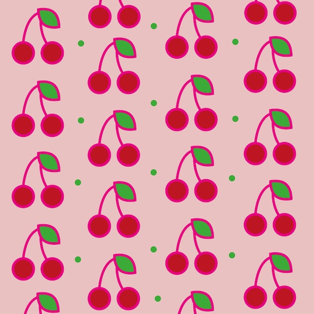 Ilustración vectorial de fondo rosa con frutas de cereza con hojas verdes