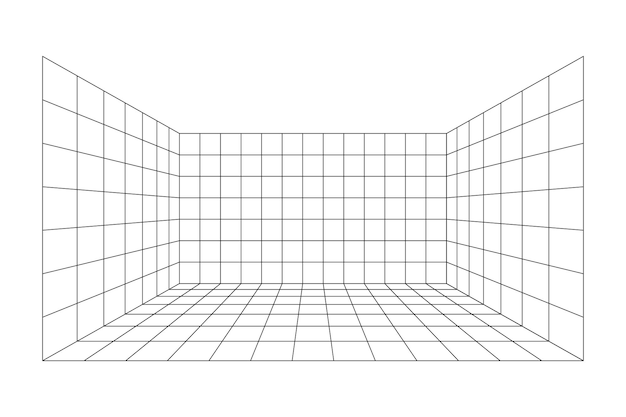 Ilustración vectorial de fondo de la sala de cuadrícula en perspectiva