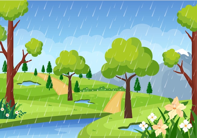 Ilustración vectorial de fondo de tormenta de lluvia en clima lluvioso con paisaje urbano o parque y lugar público vacío con charco para pancarta o afiche