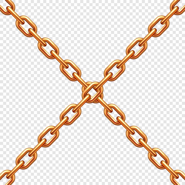 Ilustración vectorial de fondo transparente de cadenas metálicas de cruce realistas con enlaces de bronce