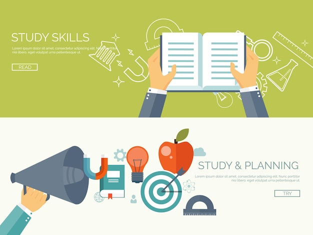 Ilustración vectorial fondos de estudio planos conjunto libro altavoz educación cursos en línea web