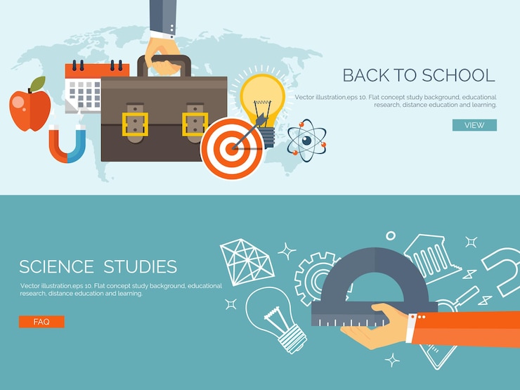 Vector ilustración vectorial fondos planos conjunto educación a distancia aprendizaje cursos en línea escuela web