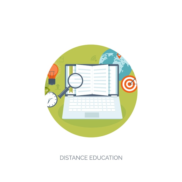 Ilustración vectorial fondos planos conjunto de educación a distancia aprendizaje en línea cursos escuela web