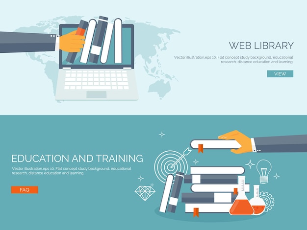 Ilustración vectorial fondos planos establecer educación a distancia cursos en línea escuela web