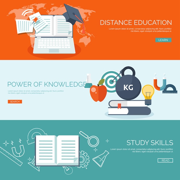 Ilustración vectorial fondos planos establecer educación a distancia cursos en línea escuela web