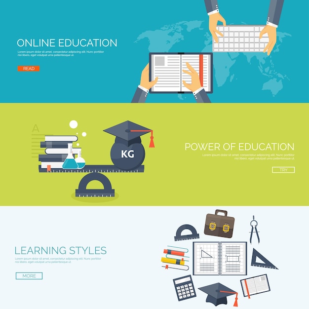 Ilustración vectorial fondos planos establecer educación a distancia cursos en línea escuela web